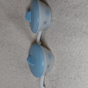 Atomic Starbust Covered Bowls With Handle Vintage Fire King Glasbake 1950s